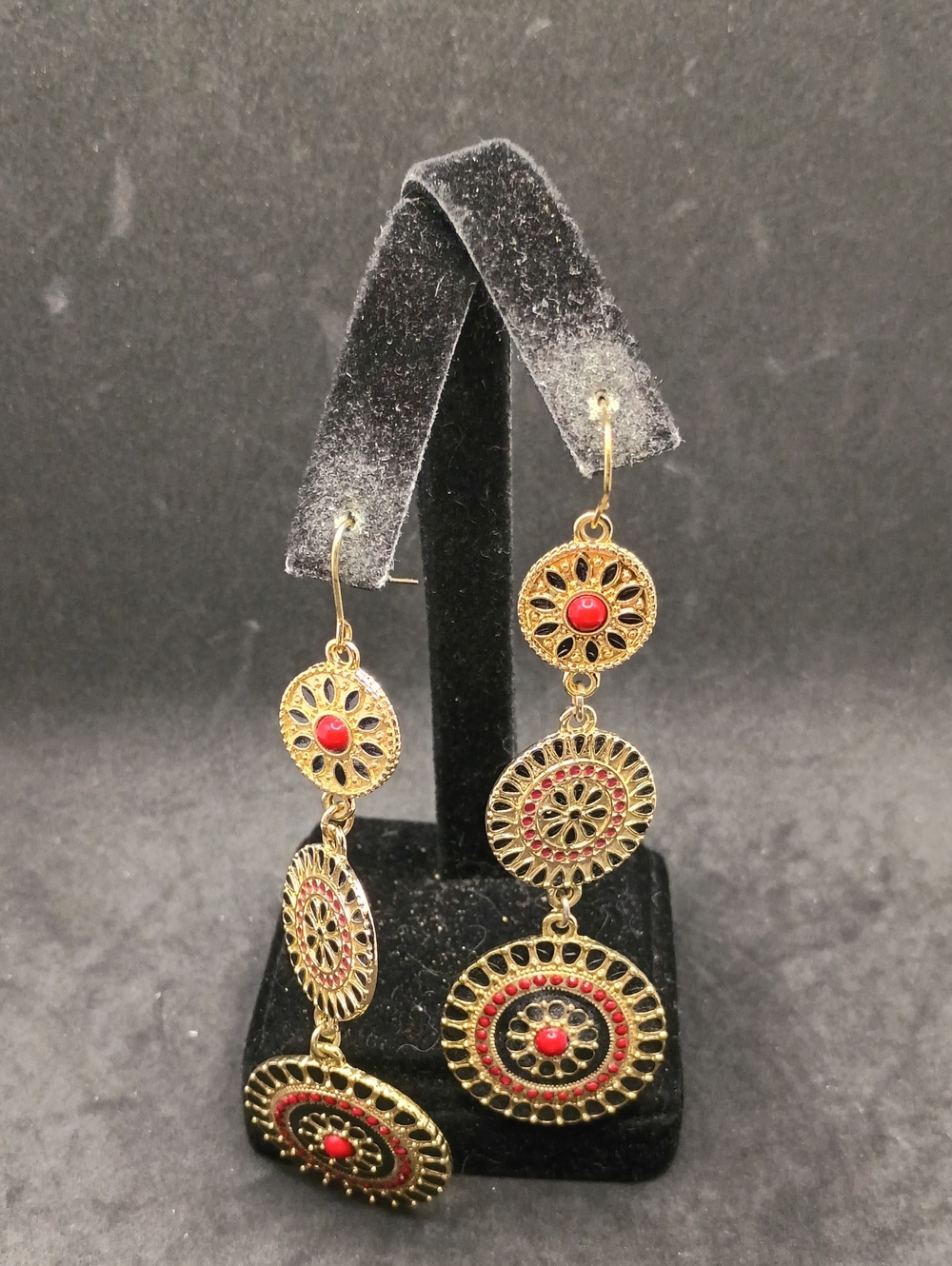 Gold-Tone Filigree Drop Earrings with Red Accents